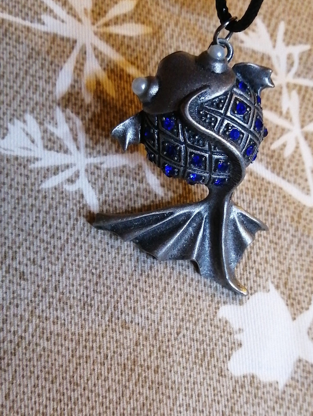 Vintage Fish Pendant With Blue Crystals On Black Cord Necklace